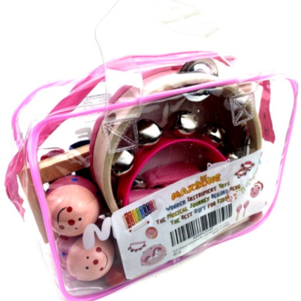 Musical Instrument Toy Set Wooden Kid Children Carry Case Pink Zipper Closure